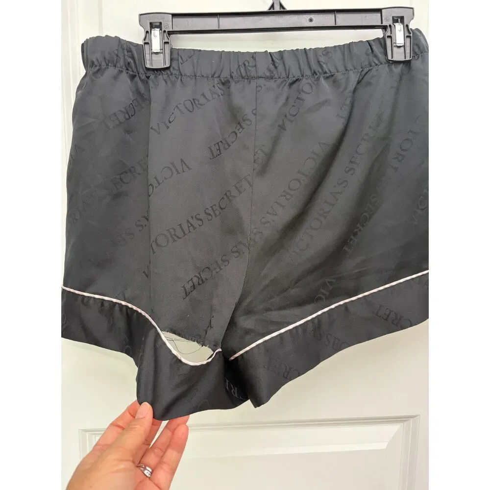 Victoria Secret Satin Pajama Shorts Black Logo Print Pink Piping Womens Large